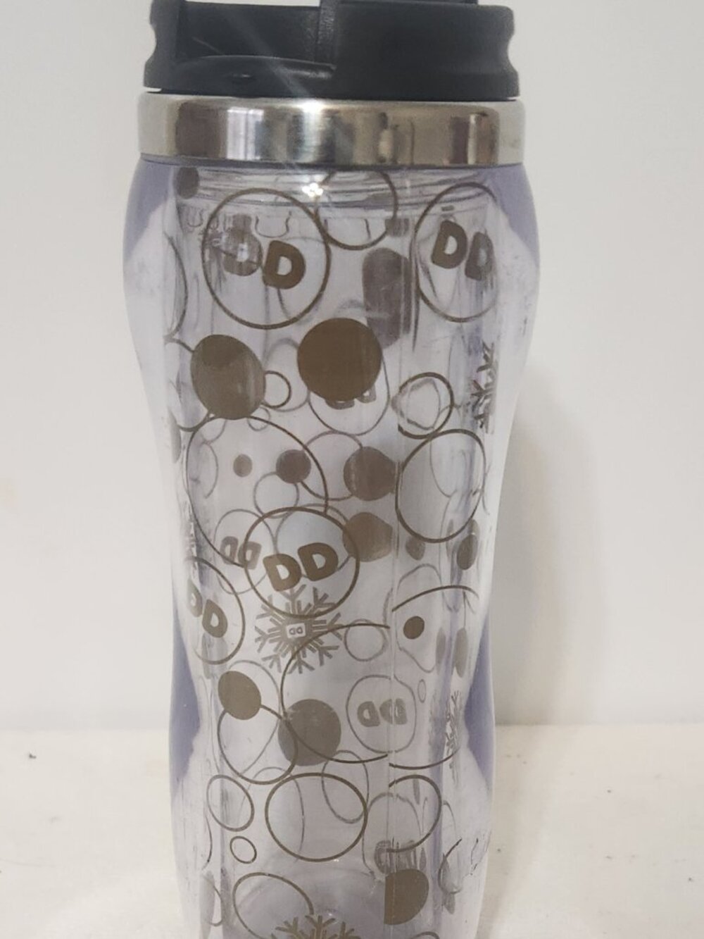 Dunkin Donuts Travel Cup Malibu Bubbles Snowflake GOLD Screw-on Lid 14 oz